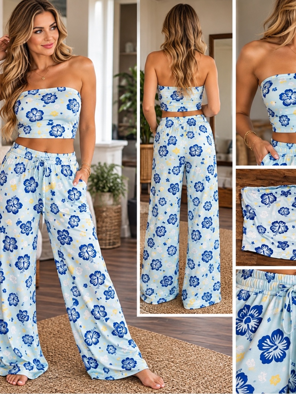 SHEIN Blue and Yellow Floral Wide-Leg Tube Top Set